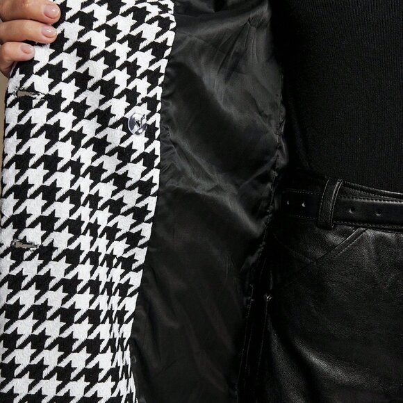 Black And White Elegant Women's Cinched Waist Houndstooth Jacket - Picture 8 of 8